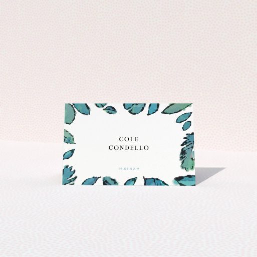 Place Setting Card Design - "Woodland Ambush" A place setting card called "Woodland Ambush". It is an 85 x 55mm card in a landscape orientation. "Woodland Ambush" is available as a folded card, with tones of green and white.