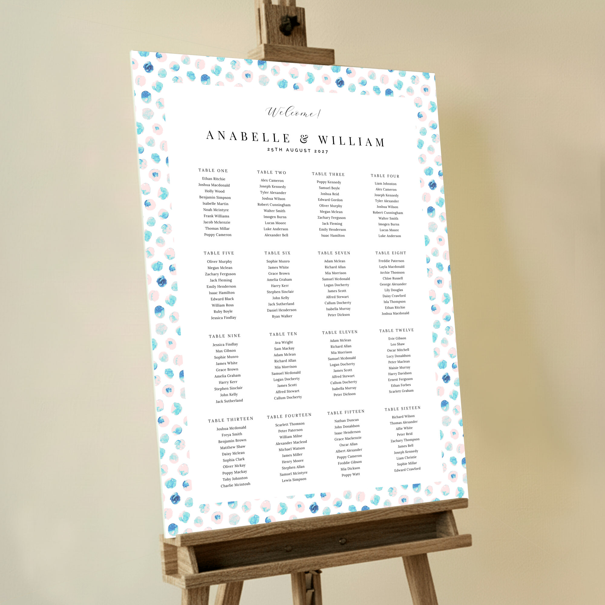 Foamex Playful Abstract Seating Plan featuring a charming and whimsical design made from pink, light and dark blue paint daubs on a white background, perfect for creating a fun and unforgettable atmosphere at your summer or beach wedding.. This design is formatted for 16 tables.