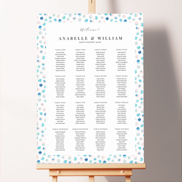 Foamex Playful Abstract Seating Plan featuring a charming and whimsical design made from pink, light and dark blue paint daubs on a white background, perfect for creating a fun and unforgettable atmosphere at your summer or beach wedding.. This design is formatted for 16 tables.