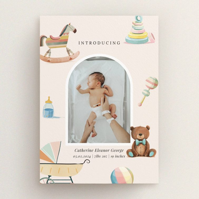 Colourful birth announcement card design with one photo of a newborn baby surrounded by playful illustrations.