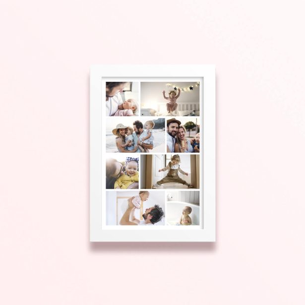 Simple framed prints designs featuring nine photos of family moments.