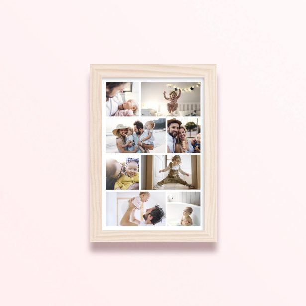 Simple framed prints designs featuring nine photos of family moments.