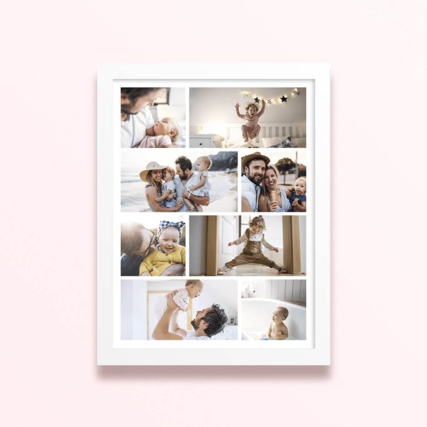 Simple framed prints designs featuring nine photos of family moments.
