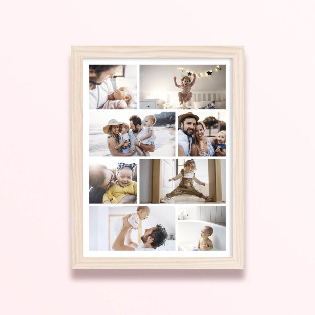 Simple framed prints designs featuring nine photos of family moments.