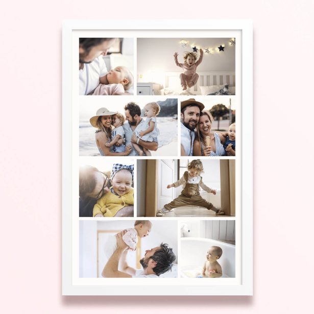 Simple framed prints designs featuring nine photos of family moments.