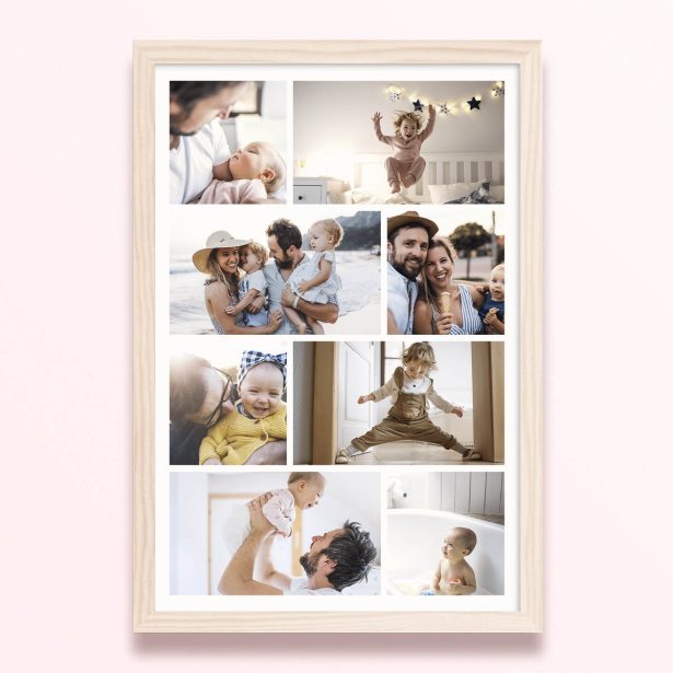 Simple framed prints designs featuring nine photos of family moments.