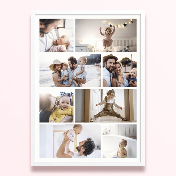 Simple framed prints designs featuring nine photos of family moments.