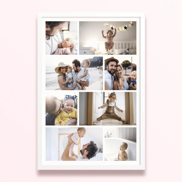 Simple framed prints designs featuring nine photos of family moments.