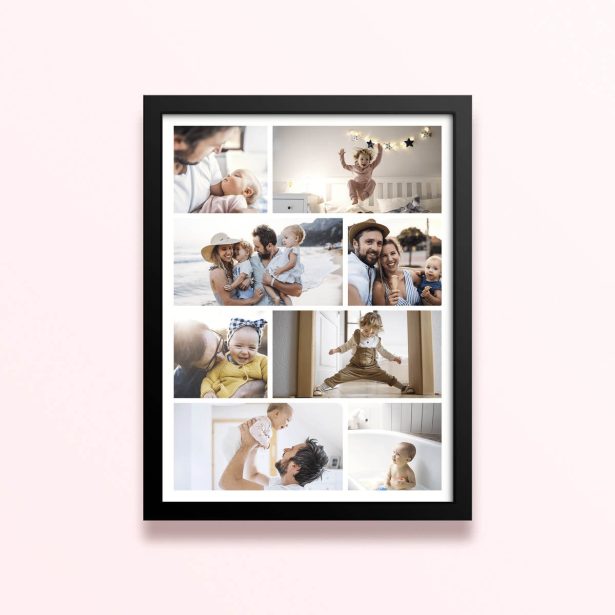 Simple framed prints designs featuring nine photos of family moments.