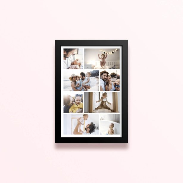 Simple framed prints designs featuring nine photos of family moments.