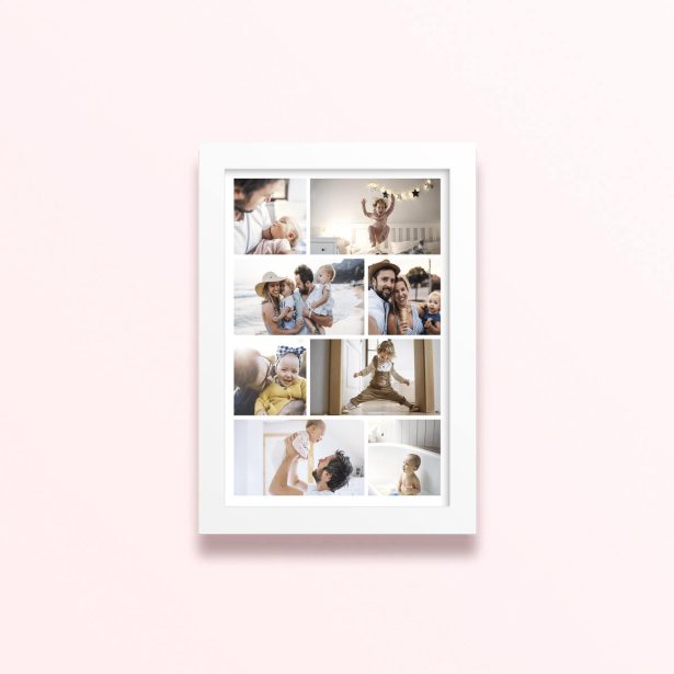 Simple framed prints designs featuring nine photos of family moments.