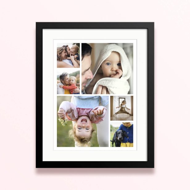 Framed and mounted photo print with six images of family moments.