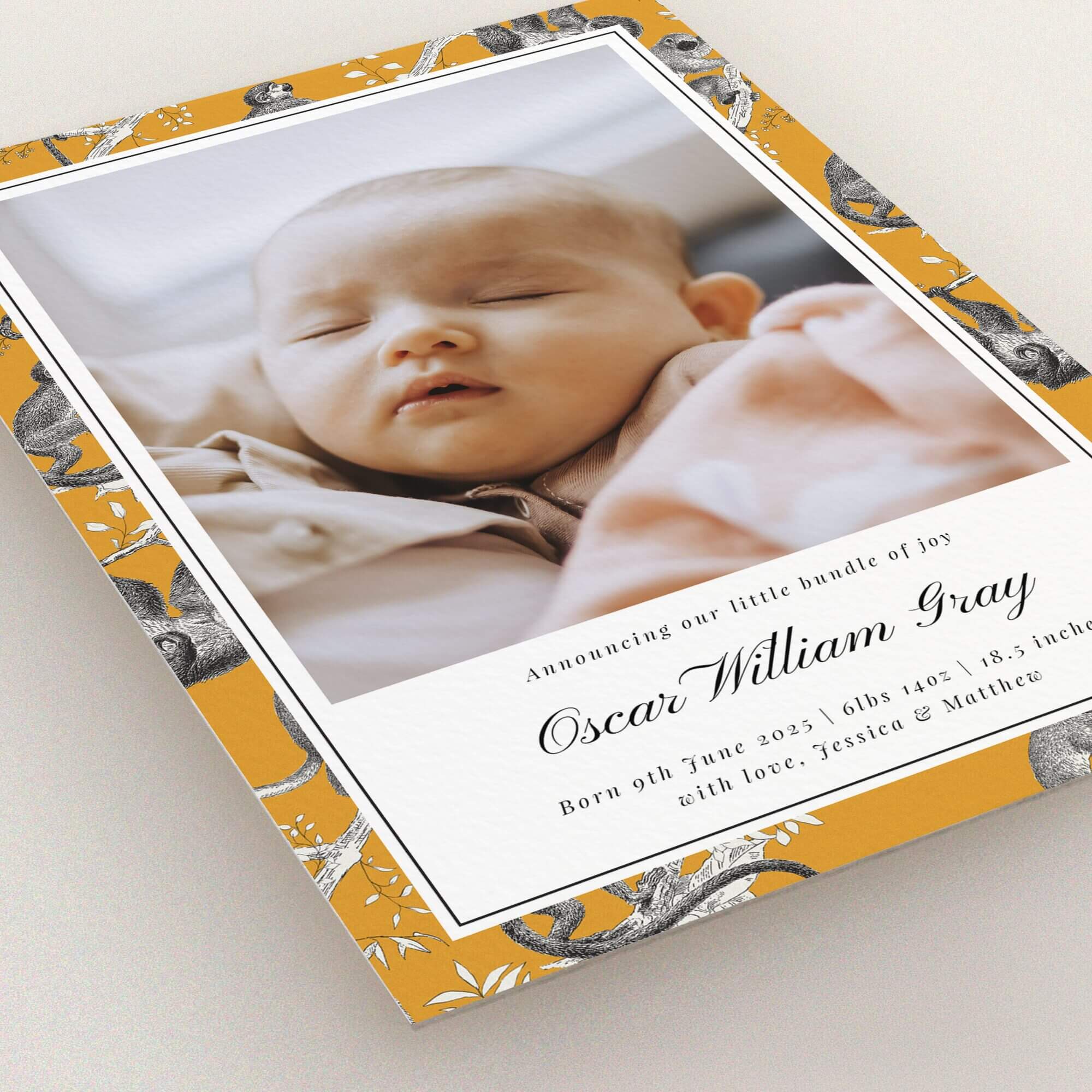 Elegant birth announcement card with one photo featuring a patterned border design.