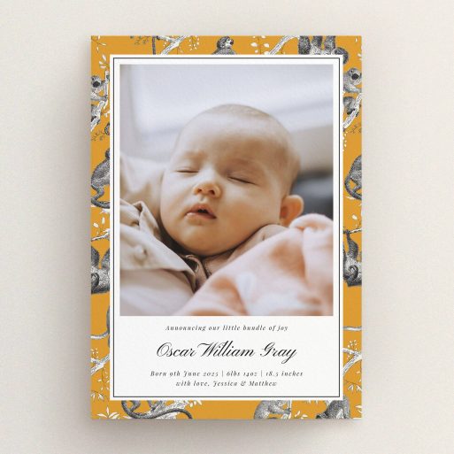 Elegant birth announcement card with one photo featuring a patterned border design.