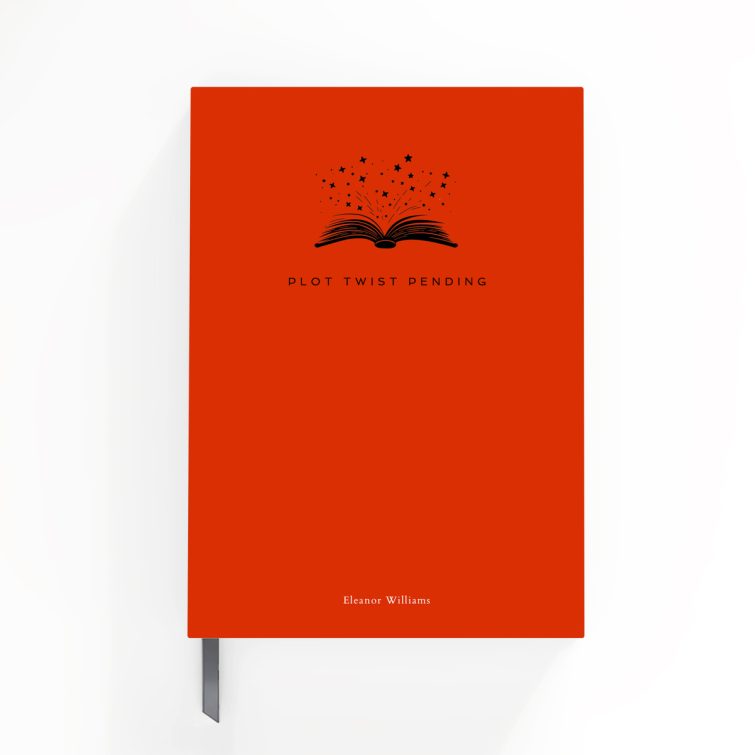 Orange portrait notebook cover design with one illustrated book icon and stars, created by Utterly Printable.