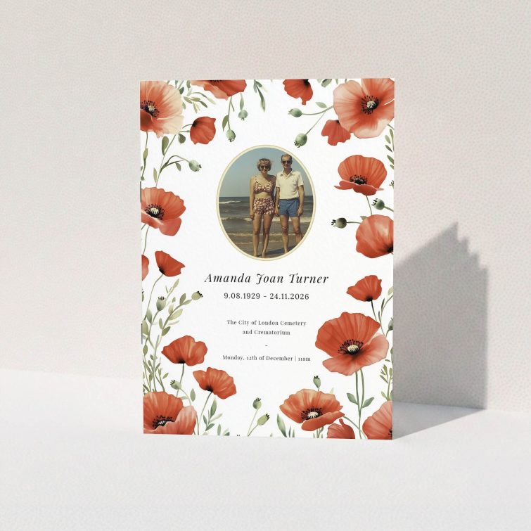 Floral funeral order of service program design with one photo and poppy illustrations.