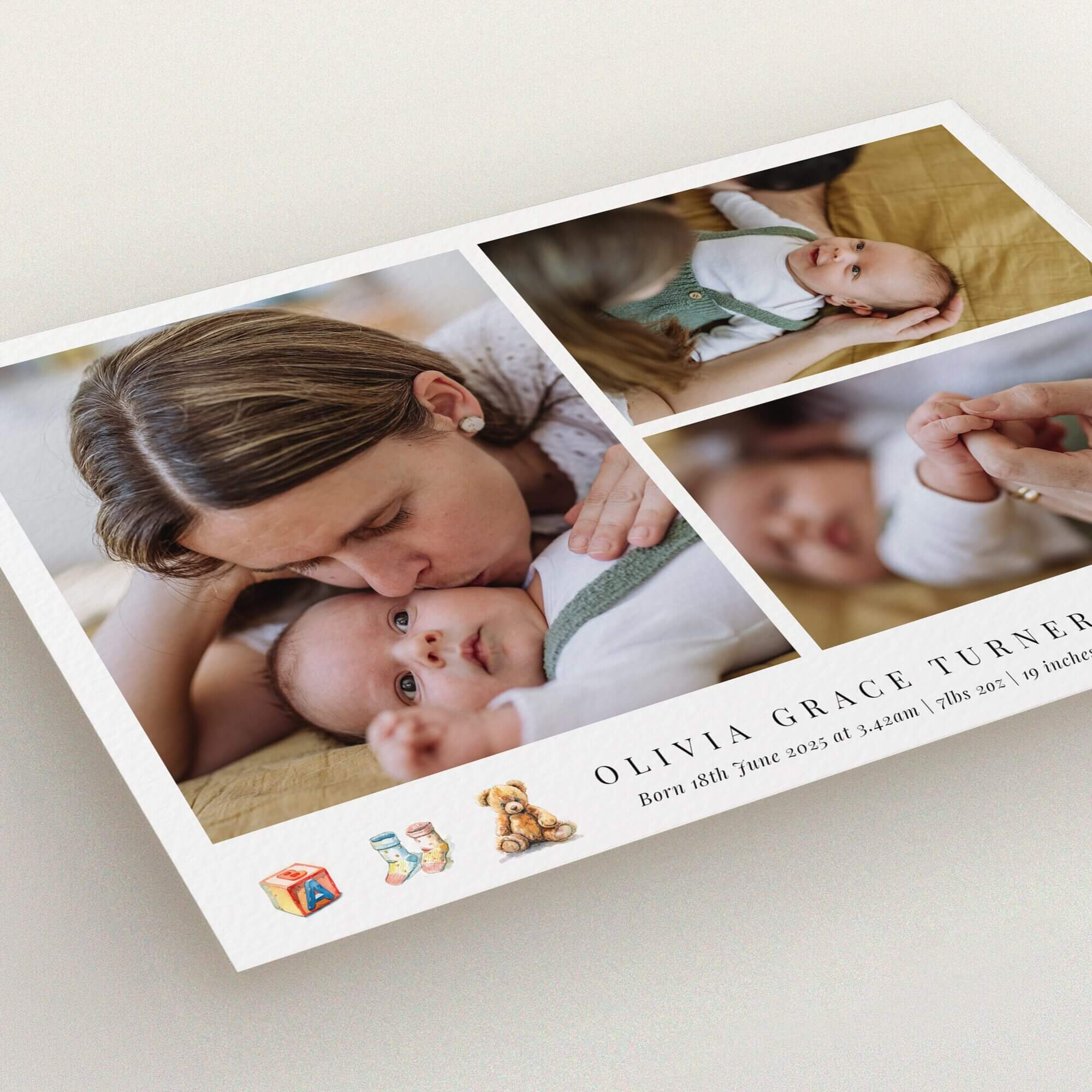 Three-photo birth announcement card design with playful illustrations and elegant typography.