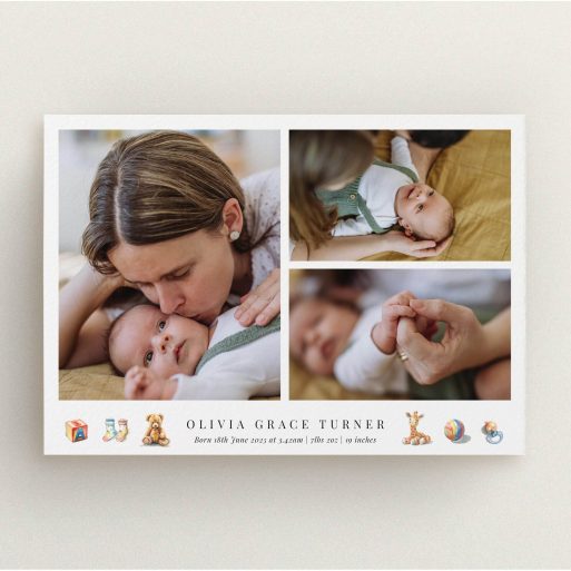 Three-photo birth announcement card design with playful illustrations and elegant typography.