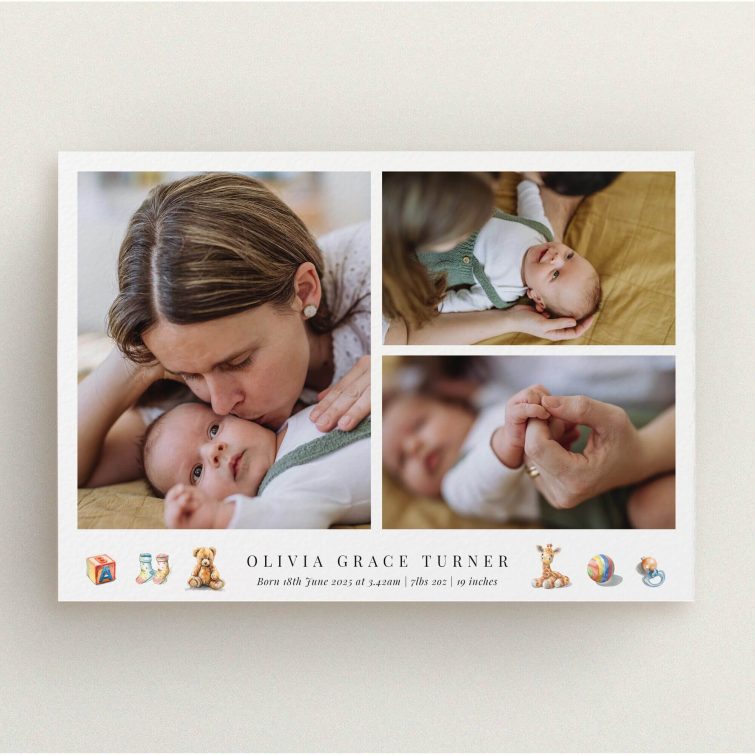 Three-photo birth announcement card design with playful illustrations and elegant typography.