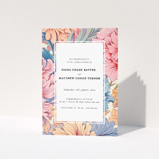 "Precious Petals Frame wedding order of service booklet featuring pastel-coloured floral illustrations, ideal for couples seeking timeless floral elegance for their wedding day.". This is a view of the front