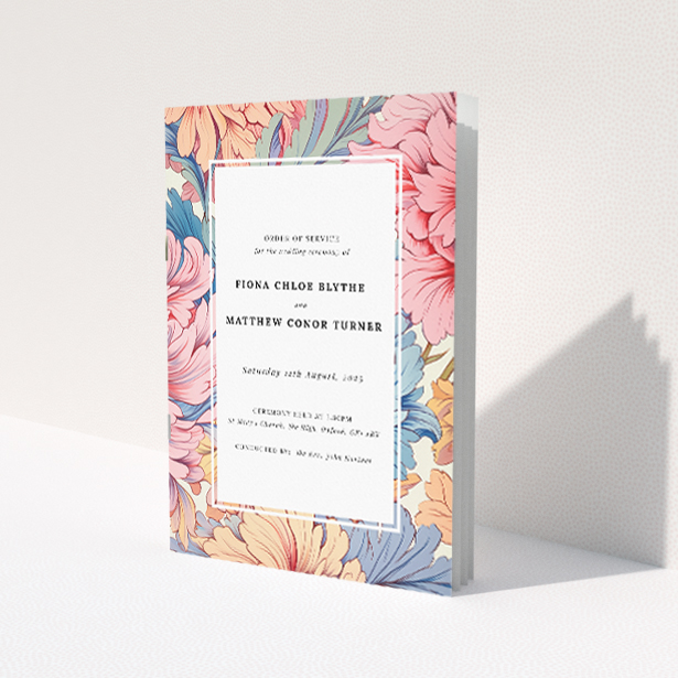 'Precious Petals Frame wedding order of service booklet featuring pastel-coloured floral illustrations, ideal for couples seeking timeless floral elegance for their wedding day.'. This is a view of the front