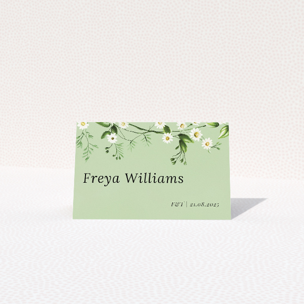 Primrose Garland place cards table template - delicate wildflower and greenery garland on sage green background. This is a view of the front