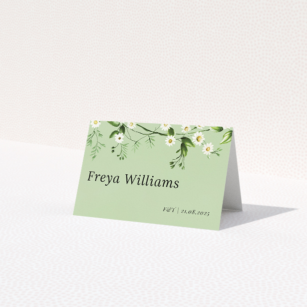 Primrose Garland place cards table template - delicate wildflower and greenery garland on sage green background. This is a third view of the front