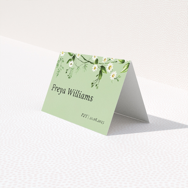 Primrose Garland place cards table template - delicate wildflower and greenery garland on sage green background. This is a third view of the front