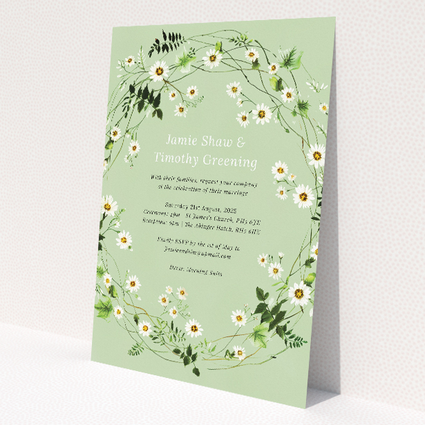 "Primrose Garland" wedding invitation featuring wildflowers and greenery, perfect for a countryside wedding theme This image shows the front and back sides together