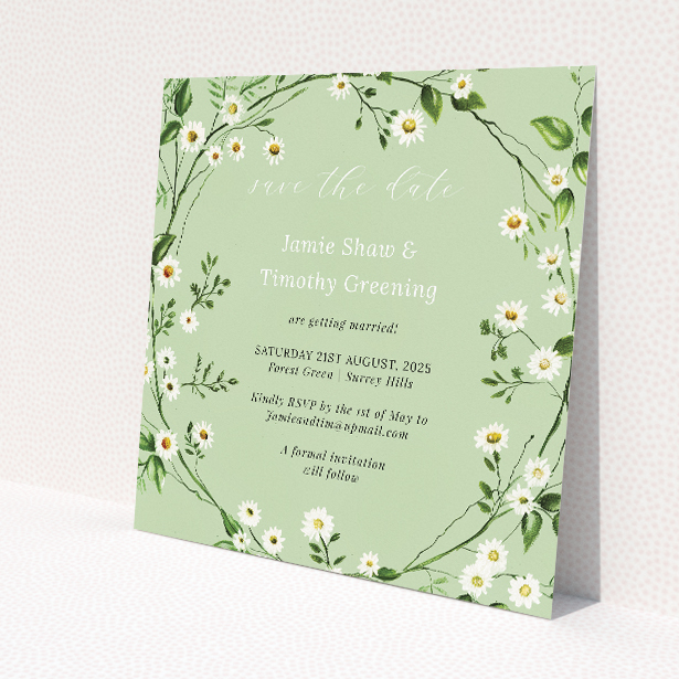 Primrose Garland wedding save the date card template featuring delicate floral motif with white primroses and lush foliage on mint green backdrop. This is a view of the front
