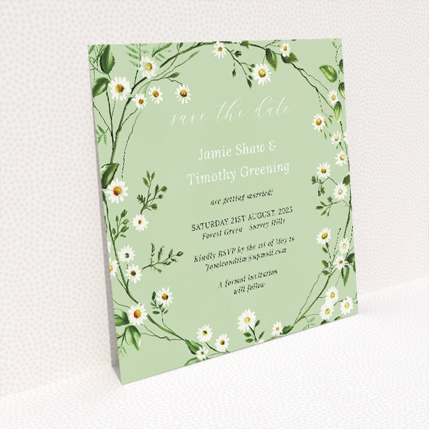 Primrose Garland wedding save the date card template featuring delicate floral motif with white primroses and lush foliage on mint green backdrop. This image shows the front and back sides together