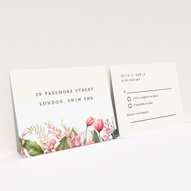 RSVP card from the "Protea Garland" suite, featuring botanical illustrations of protea flowers and foliage on a crisp white background This is a view of the back