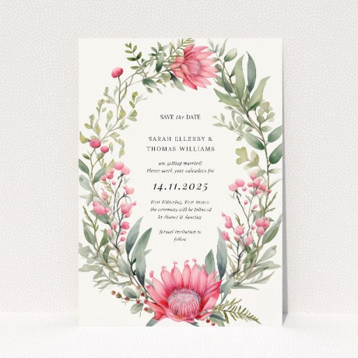 Protea Garland save the date card - A6-sized card featuring an elegant oval frame of protea flowers, buds, and foliage in soft green and pink tones with hints of burgundy, perfect for announcing your special day with sophisticated beauty and natural charm This is a view of the front
