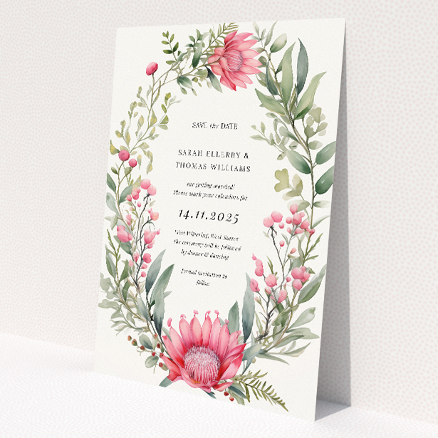 Protea Garland save the date card - A6-sized card featuring an elegant oval frame of protea flowers, buds, and foliage in soft green and pink tones with hints of burgundy, perfect for announcing your special day with sophisticated beauty and natural charm This is a view of the front