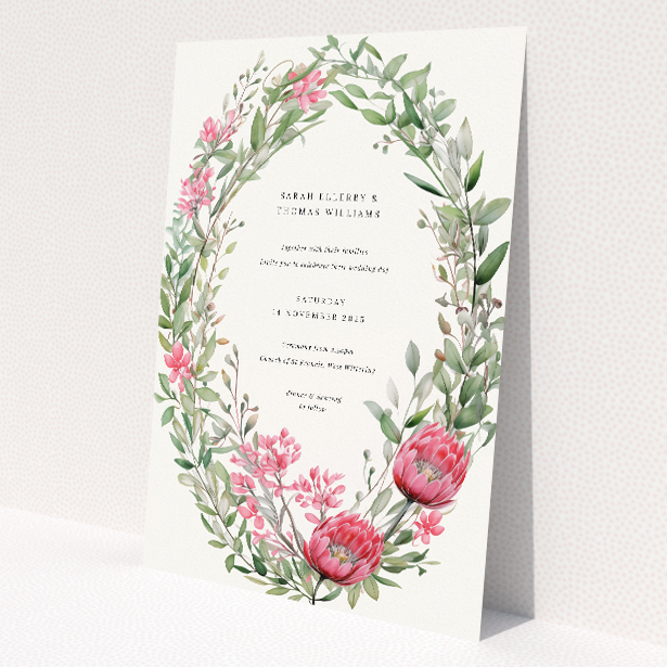 Protea Garland Wedding Invitation - A5 Size. This is a view of the front