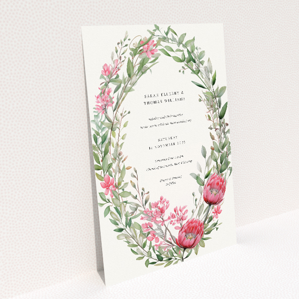 Protea Garland Wedding Invitation - A5 Size. This image shows the front and back sides together