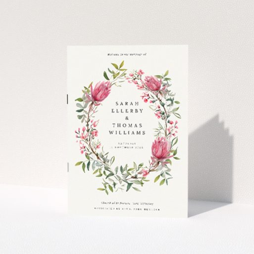 Protea Garland Wedding Order of Service booklet A5 portrait design with delicate floral wreath on white background. This is a view of the front