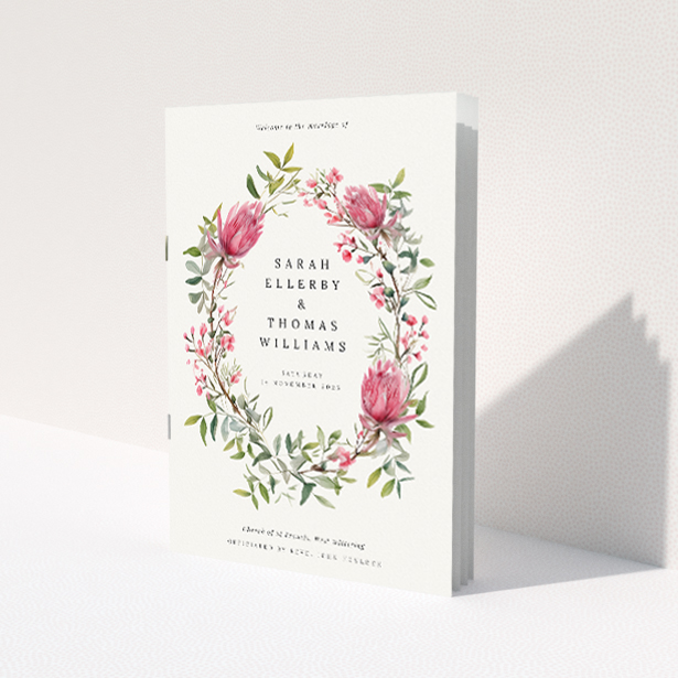 Protea Garland Wedding Order of Service booklet A5 portrait design with delicate floral wreath on white background. This image shows the front and back sides together