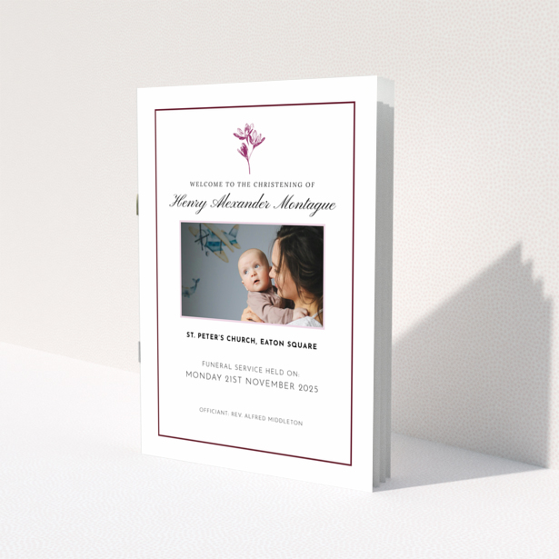 Christening order of service program with floral motif and one photo placeholder.