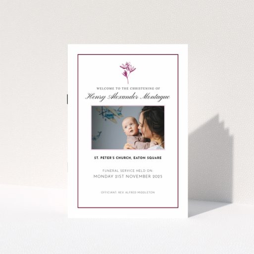 Christening order of service program with floral motif and one photo placeholder.