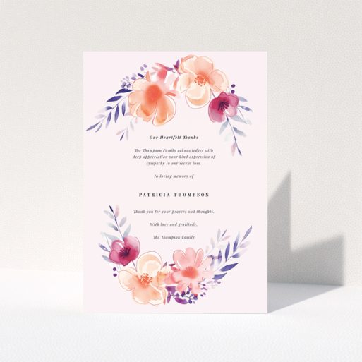 Funeral thank you card with floral design featuring placeholder text and two photos.
