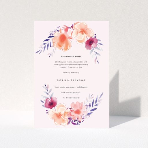Funeral thank you card with floral design featuring placeholder text and two photos.