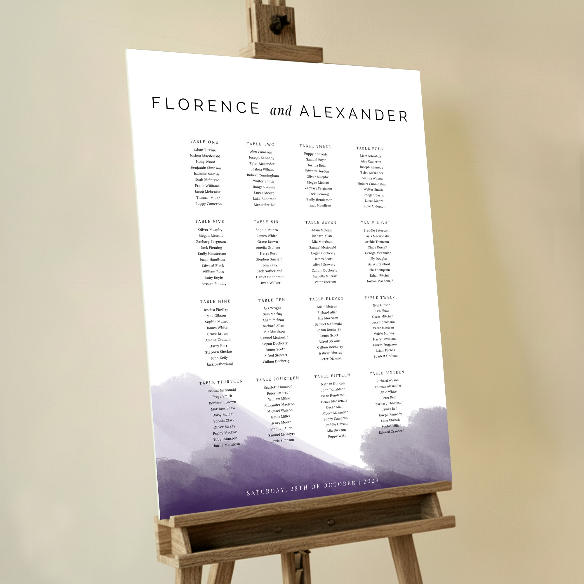 Seating Plans Board with Purple Halftone design showcasing a white background with subtle purple paint strokes at the bottom of the board, combining elegance with a modern touch and creating a refined yet contemporary atmosphere.. This design is formatted for 16 tables.