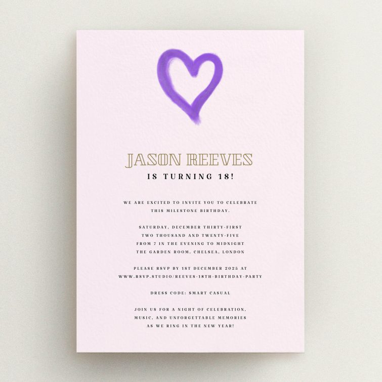 Elegant pink 18th Birthday Invitation design with a purple heart illustration and personalised text.