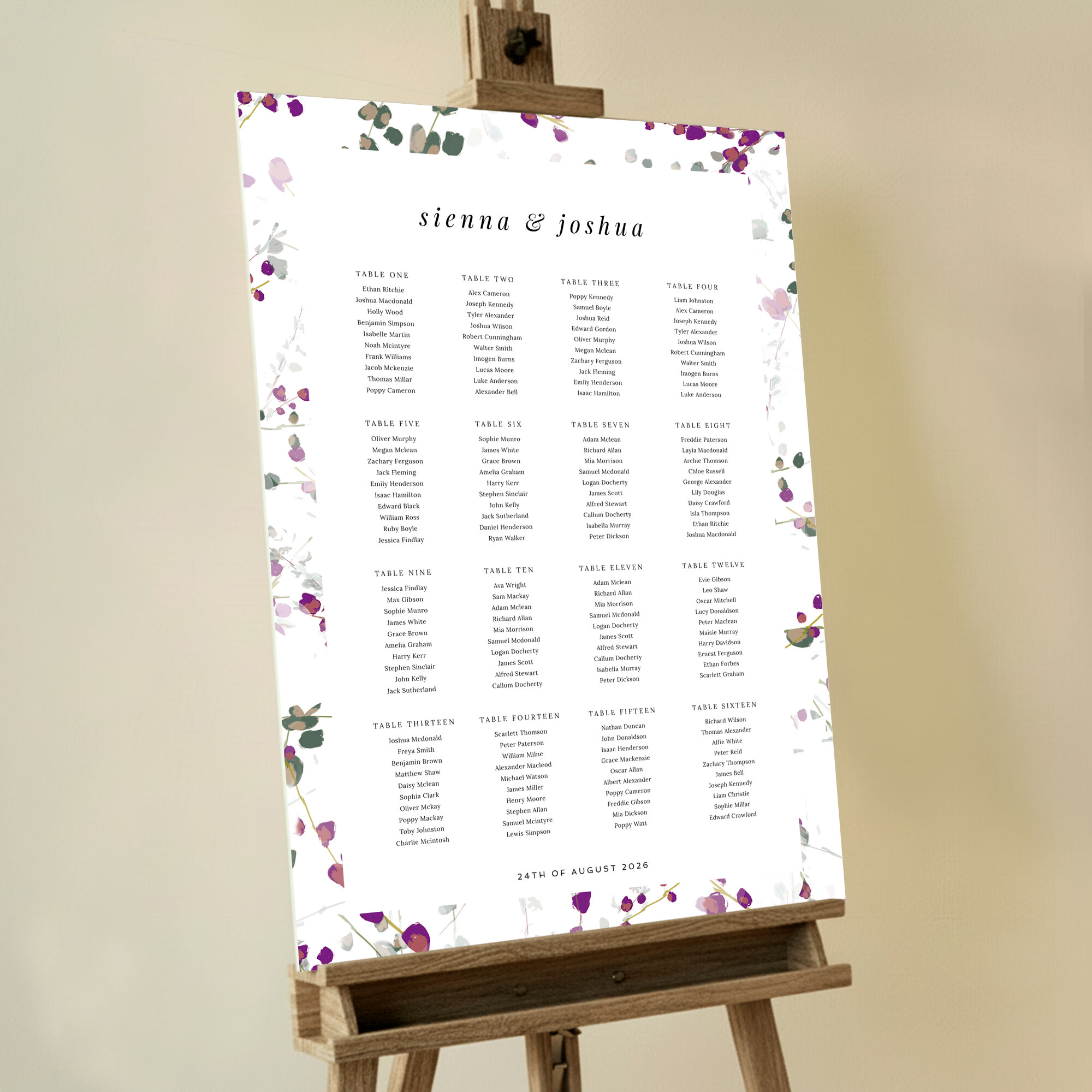 Seating Plan - Purple Lupine, a charming design with pink, green, and purple wildflowers on a white background, bringing a touch of nature's beauty to your event.. This template has 16 tables.