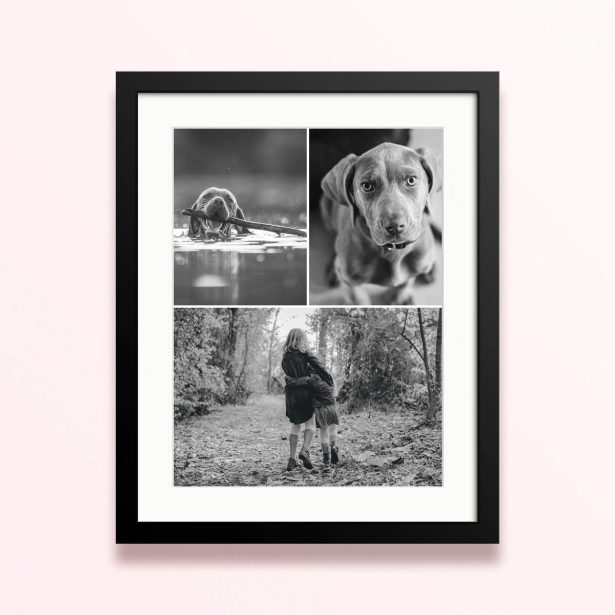 Framed and mounted photo print with three black and white images.