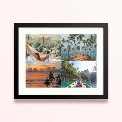 Framed and mounted photo print with four travel-themed photos.