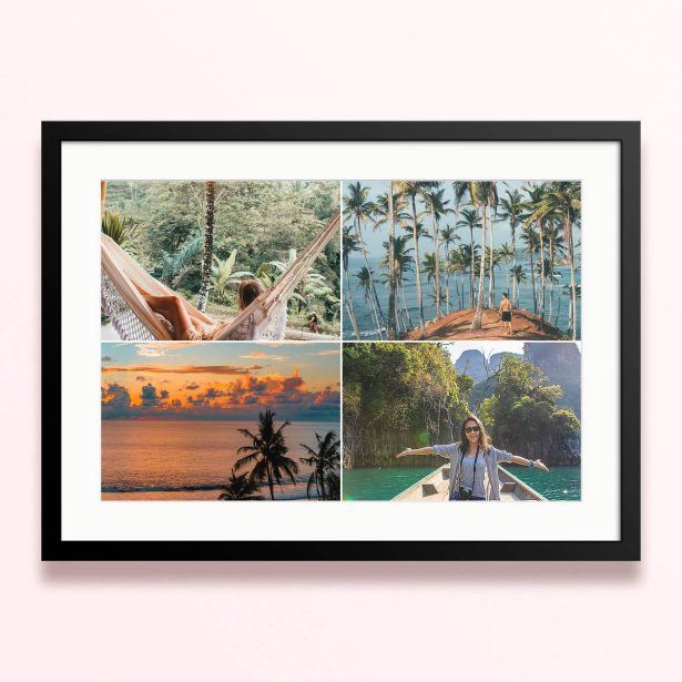 Framed and mounted photo print with four travel-themed photos.