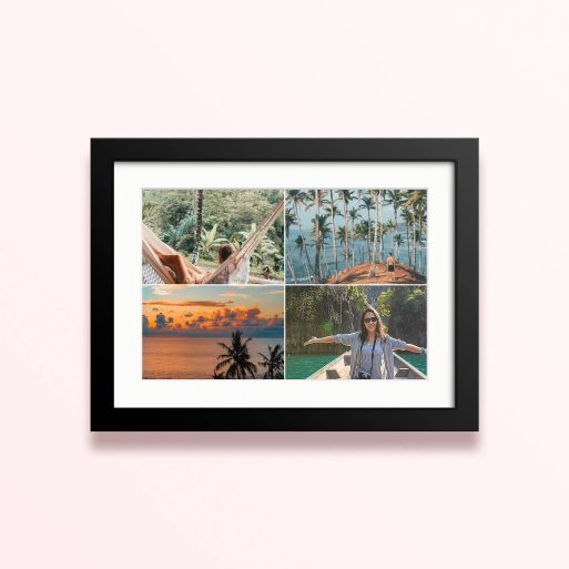Framed and mounted photo print with four travel-themed photos.