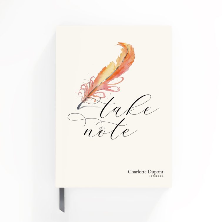 Notebook design with artistic quill illustration, featuring no photos.